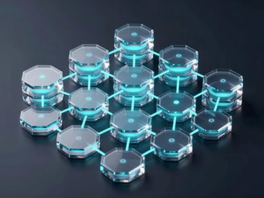 Isometric technical diagram of a database architecture flow, glass-morphic nodes with glowing cyan paths, dark background.