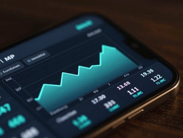 Macro screenshot of a clean financial dashboard interface on a mobile screen, dark mode, neon cyan charts and balance figures, moody ambient lighting.