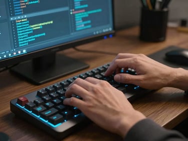 Close-up of a dark developer workspace, hands typing on a mechanical keyboard, code editor visible in the background with glowing cyan highlights.