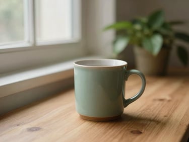 A quiet interior with soft window light, a ceramic mug on a wooden table next to a green plant, warm tones, shallow depth of field