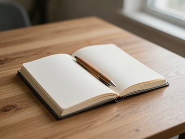 An open notebook with a wooden pen on a clean wooden desk, soft shadows, warm natural light