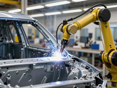 Close-up of a robotic arm welding a car chassis on an assembly line, high-contrast industrial lighting, sharp focus on the precision of the weld.