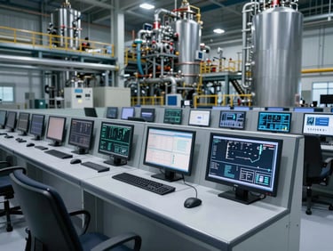 Wide shot of a modern industrial power plant control room, multiple monitors displaying schematics, cool-toned lighting, sharp focus on the complex interface.