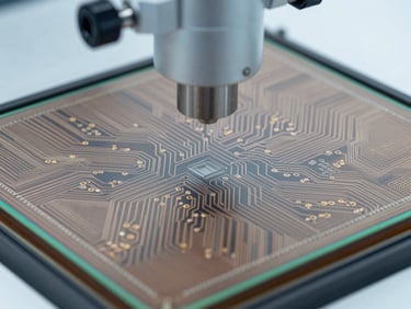 Macro shot of a silicon wafer under inspection in a cleanroom, crisp industrial lighting, cool tones, sharp focus on intricate circuit patterns.