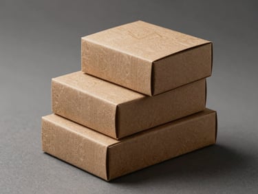 Packaging system for a small-batch product, three boxes stacked at slight angles on a warm gray surface, studio light from above revealing embossed surface texture