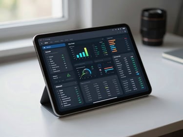 Digital UI screens displayed on a tablet propped on a white desk, interface showing a data-dense dashboard, cool daylight from a window to the left