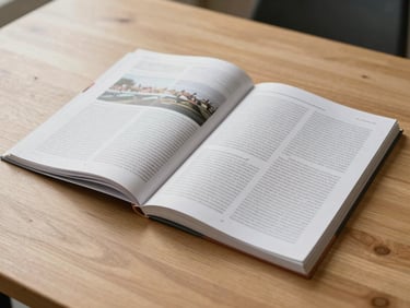 Open magazine spread on a light oak desk, two pages of dense editorial layout with wide margins visible, natural daylight from above, a pencil resting on the gutter