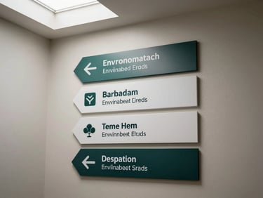 Environmental signage installed in a narrow corridor, directional signs mounted at eye level on a pale wall, natural light from a skylight above casting clean geometry