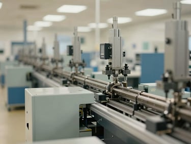 Candid documentary shot of a clean, structured precision manufacturing assembly line, natural low-contrast lighting, muted tones.