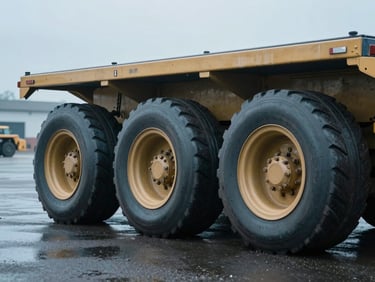 Extreme close-up of heavy logistics transport wheels on wet asphalt, industrial yard background, soft overcast daylight, muted steel blue tones.