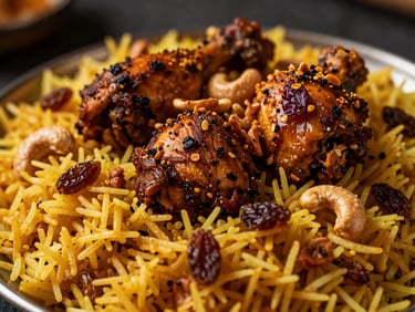 Close-up of Chicken Thalassery Biryani, tender spiced chicken buried under golden-yellow Kaima rice, garnished with fried raisins and cashews, dark background, warm lighting.
