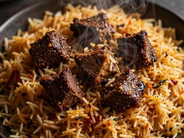 Overhead close-up of Beef Biryani, succulent beef chunks layered with spiced short-grain Kaima rice, steam rising, dark moody aesthetic.