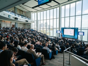 Wide environmental shot of a modern medical conference hall in Miami, bright high-key daylight through massive windows, clinical corporate blue and white tones, sharp focus, 35mm