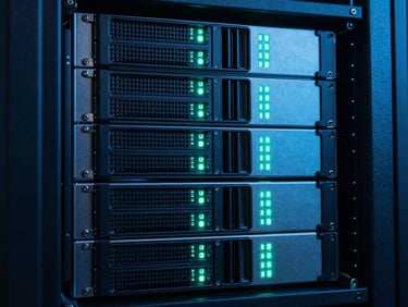 Detail shot of enterprise-grade storage drives in a server bay, glowing status lights, dramatic dark blue and neon cyan lighting, sharp focus, technical atmosphere, 35mm lens.