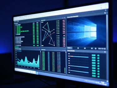 Detailed view of a Windows Server operating system interface on a monitoring screen, displaying performance metrics and network graphs, dark room with blue light, sharp focus, technical atmosphere, editorial technology photography.