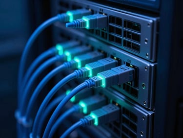 Close-up of a server rack with optical fiber cables glowing blue, sharp focus on the connections, dramatic dark blue and neon cyan lighting, technical atmosphere, 35mm lens.