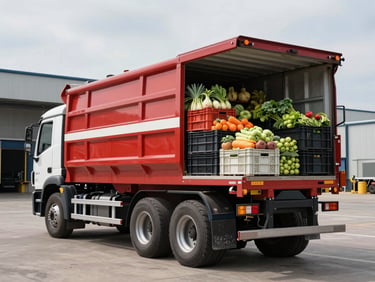 Loaded agricultural truck with crates of produce in a logistics yard, overcast daylight, warehouse loading dock visible in background, professional cold-chain logistics context