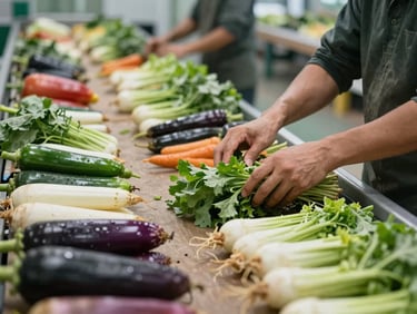 Hands sorting freshly harvested vegetables on a packing line in a well-lit agricultural warehouse, produce arranged by size and quality, natural industrial lighting, no faces visible