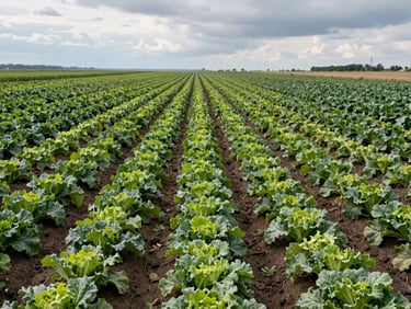 Standing-height view of dense vegetable rows in open Bulgarian field under overcast daylight, crops at uniform height showing professional cultivation scale, no people