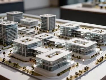A close-up architectural model of a modern master-planned enclave under sharp gallery spotlighting