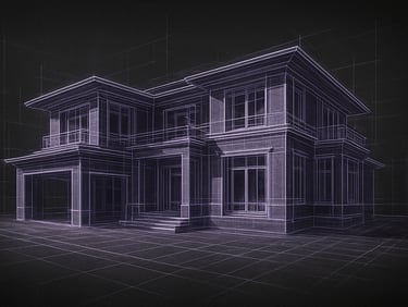 A highly detailed 3D architectural wireframe model of a luxury residential villa, glowing purple lines on a dark charcoal blueprint background, technical annotations.