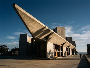 Dramatic low-angle architectural photograph of a massive concrete cantilever structure, late-afternoon sun casting sharp geometric shadows, high-contrast 35mm film style.