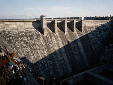 Aerial drone photograph of a massive concrete irrigation dam under crisp overcast daylight, showcasing scale and structural form, 35mm film style