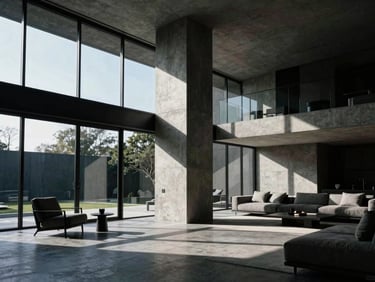 Luxury modern villa living room interior, dramatic concrete column meeting a glass wall, sharp afternoon shadows, minimalist premium furniture, high-contrast architectural photography