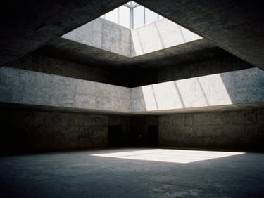 Interior of a modern concrete gallery or institutional hall, high-contrast light streaming through an overhead skylight, clean geometric lines, 35mm film