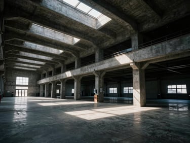 Interior of a massive modern industrial warehouse, high concrete ceilings, polished concrete floors, dramatic sunlight streaming through skylights