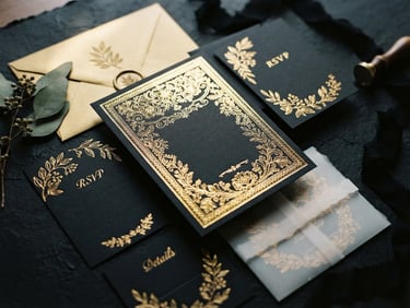 Macro flat-lay of premium wedding invitations with gold foil stamping on textured black paper, soft lateral studio lighting, shallow depth of field, 35mm