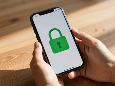 A close-up of hands holding a smartphone displaying a secure green padlock icon, warm sunlight casting soft shadows on a wooden table.