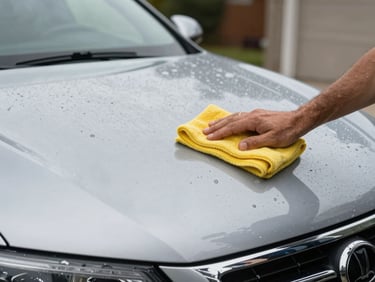 Close-up of a technician's hand buffing a clean rinse across the hood of a silver vehicle in a driveway, overcast daylight, water sheeting cleanly off the paint, yellow microfiber cloth in motion