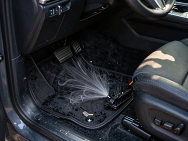 Overhead close-up of a technician vacuuming the floor mat of a dark SUV interior, natural morning light coming through the open passenger door, upholstery brush resting on the seat nearby