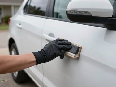 Technician's gloved hand pressing a clay bar flat along the quarter-panel of a white vehicle in a residential driveway, overcast flat light eliminating reflections, lubricant spray mist visible in the frame