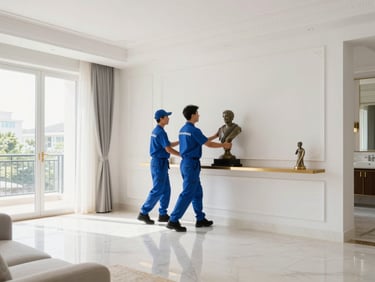 Wide shot of a bright, luxurious apartment living room with a professional mover placing a sculpture onto a shelf, pristine surroundings, 35mm lens.