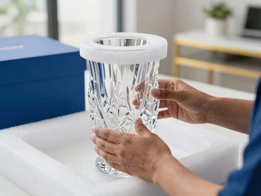 Close-up of professional hands wrapping a delicate crystal vase in thick protective foam inside a modern Bangalore residence, soft natural light, 35mm lens.