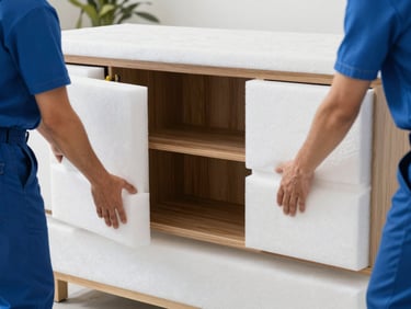 Close up of professional movers wrapping a delicate wooden cabinet in thick protective foam sheets
