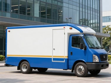 Pristine modern moving truck with clean branding parked outside a corporate glass office building
