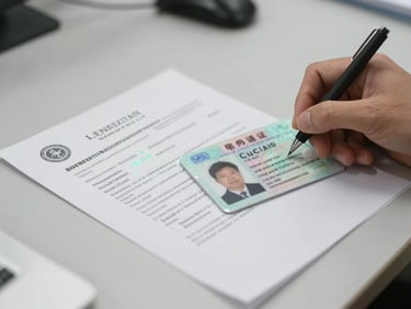 Documentary close-up of a driving license being examined alongside a printed official translation document on a light grey desk, clean neutral daylight from the left, text legible, no hands