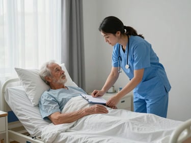Wide shot of a caregiver beside a senior's bed in a tidy home bedroom during morning care, soft daylight through curtains, care chart resting on the nightstand