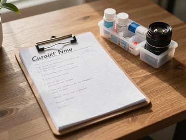 Overhead shot of a care documentation clipboard with handwritten notes beside a medication organizer on a home table, warm afternoon light, no faces visible