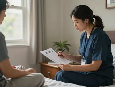 Wide environmental shot of a home bedroom during a care visit — a caregiver in a lanyard with a visible ID badge reviewing a printed care chart at a bedside table, soft afternoon daylight from a window to the left, a client's hand visible resting on a folded blanket