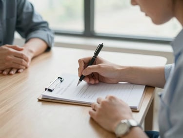 Close-up of a caregiver writing notes on a care plan while seated beside a client at a dining table, natural window light, occupational therapy assessment sheet visible
