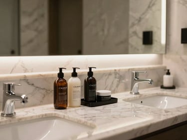 Clean, modern hotel bathroom with polished marble surfaces, warm backlit mirror, premium amenities neatly arranged.