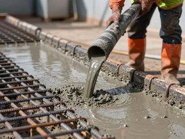 Close-up of wet concrete flowing smoothly from a heavy-duty rubber hose onto a steel rebar mesh, worker in orange boots and high-vis vest guiding the flow, bright natural daylight, sharp focus on the texture of wet concrete.