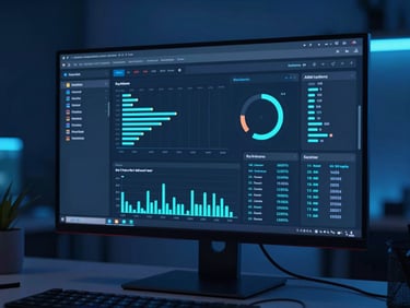Sleek developer workspace in Bengaluru, cool ambient neon blue lighting, close-up of high-fidelity dashboard showing real-time API latency metrics on a monitor, 35mm