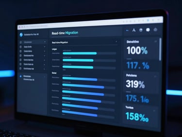 A dark-themed developer dashboard displaying real-time migration logs, database sync progress bars, and zero-latency routing metrics under cool neon blue ambient light.