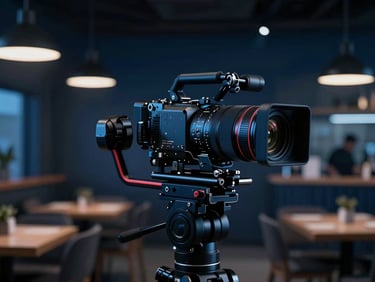 Cinematic close-up of a professional camera rig on a gimbal during a video shoot inside a modern local restaurant, moody studio lighting with deep navy tones.