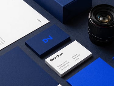High-contrast flat lay of modern brand identity assets, business cards, and packaging with clean typography, sharp studio lighting, deep navy and electric blue accents, 35mm lens